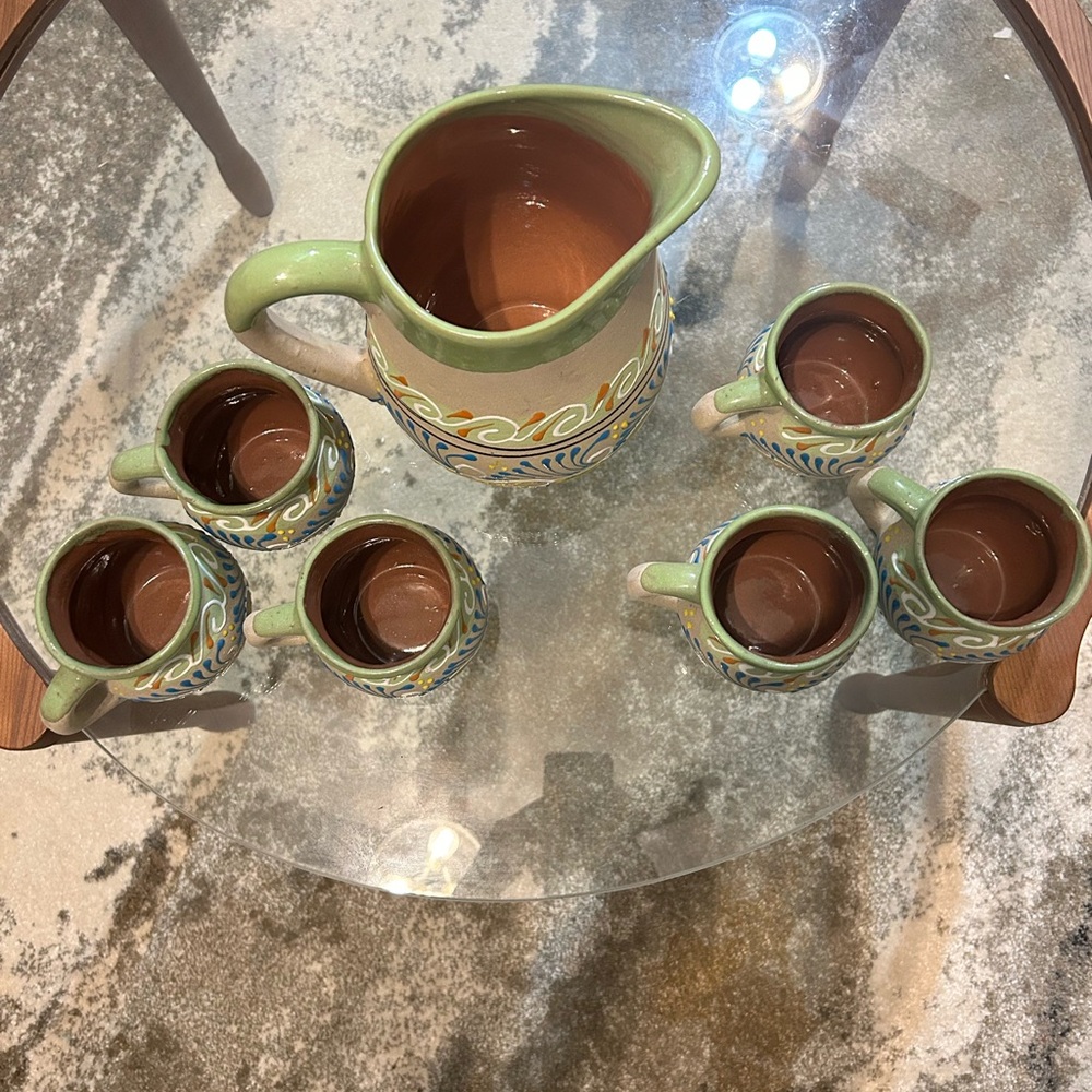 Hand painted  Mexican Clay Pitcher and Cups .Set of 7 - Picture 2 of 9